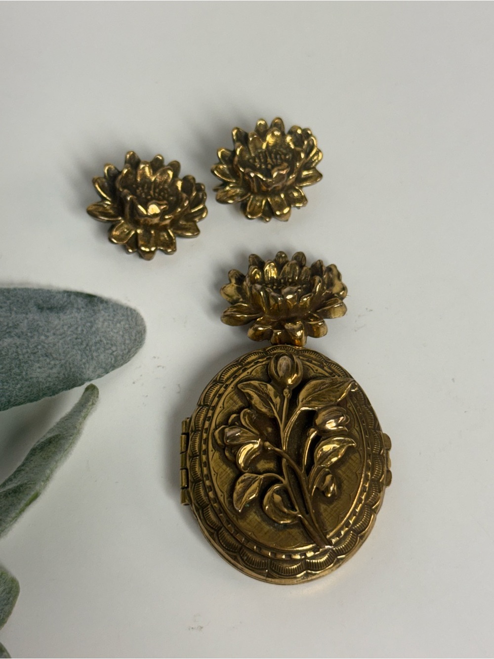 Vintage Coro Pegasus Locket + Coro Lotus Brooch & Matching Clip-On Earrings Set